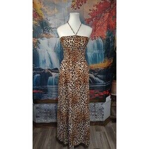 NY Invasion Leopard Animal Print Halter Smocked Stretch Knit Maxi Dress Sz S Y2K